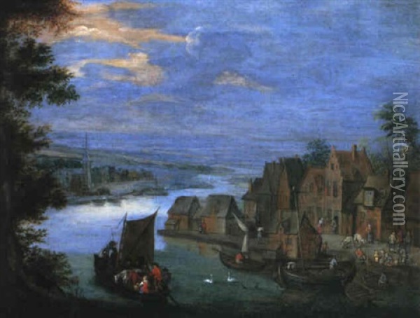 Belebte Hafenszene Mit Einem Kleinen Dorf Oil Painting - Joseph van Bredael