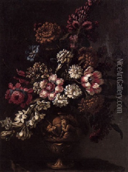 A Still Life Of Flowers In A Gilt Urn Oil Painting - Jean-Baptiste Monnoyer