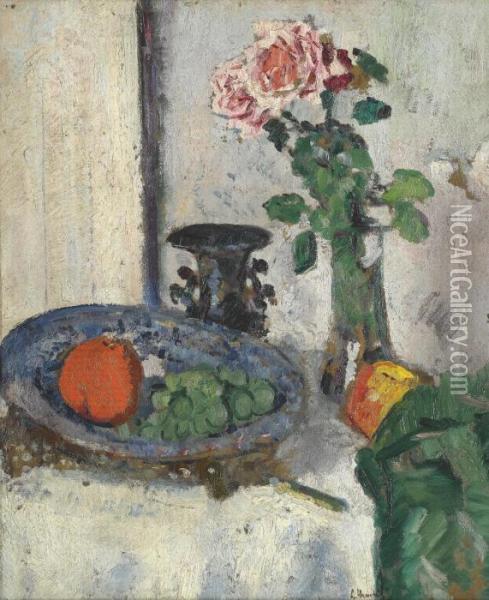 Still Life With Fruit And Roses Oil Painting - George Leslie Hunter