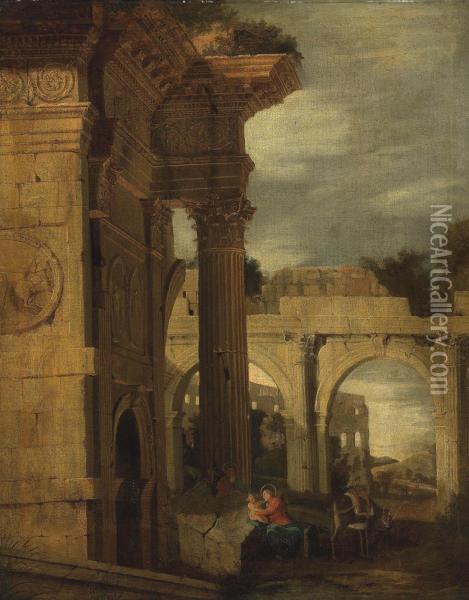 An Architectural Capriccio Of Roman Ruins, With The Rest On The Flight To Egypt Oil Painting - Jean Lemaire