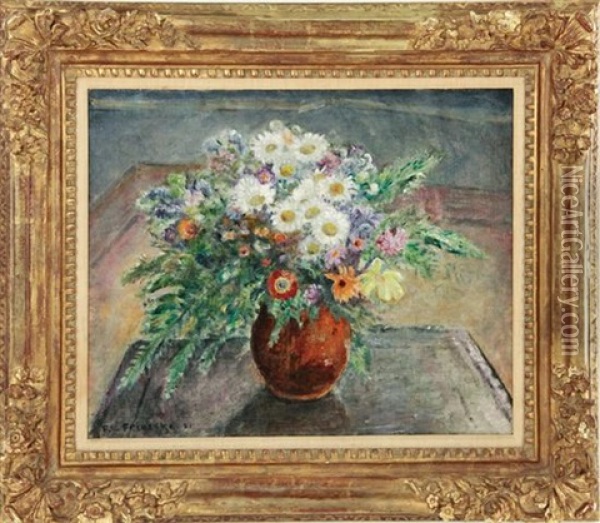 Alpine Flowers (flowers In A Brown Vase) Oil Painting - Frederick Carl Frieseke