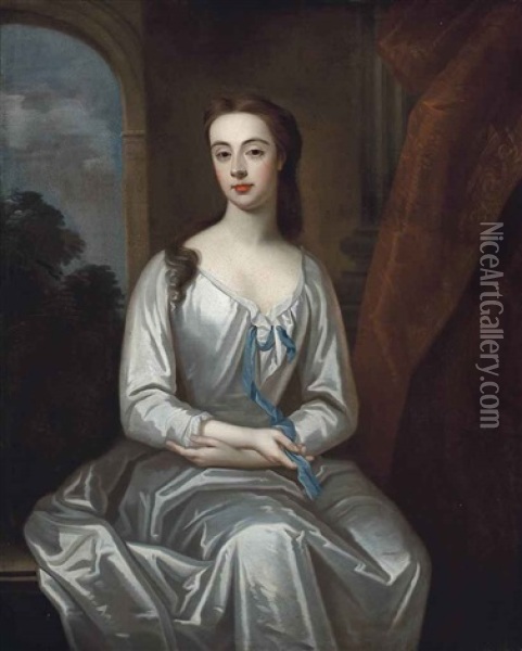 Portrait Of A Lady Traditionally Identified As Rebecca Hele (1670-1710), Later Lady Trelawny, Three-quarter-length, In A White Satin Dress Oil Painting - Michael Dahl
