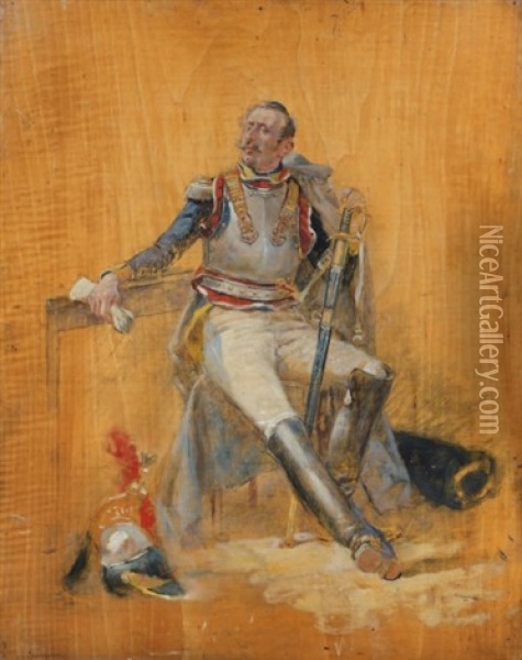Cuirassier Du Premier-empire Assis, Son Casque Pose A Terre Oil Painting - Maurice Henri Orange
