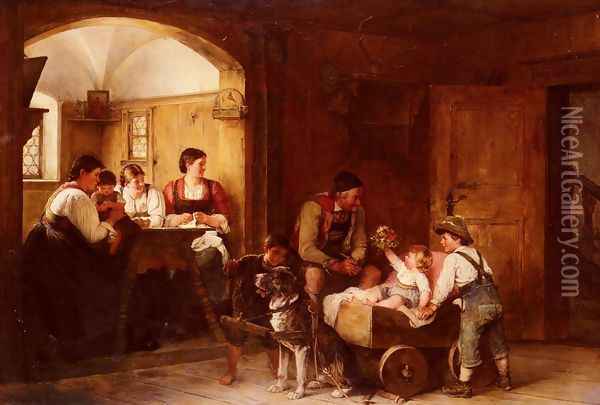 Familienszene (Family scene) Oil Painting - Hugo Engl
