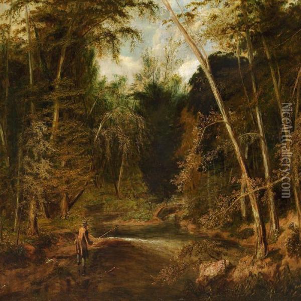 English River Landscape With Anglers Oil Painting - Edmund John Niemann, Snr.