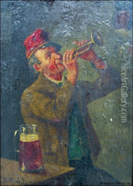 Wirtshausgaste Am Tisch Mit Pfeife Bzw. Trompete (pair) Oil Painting - Adolf Heinrich Richter