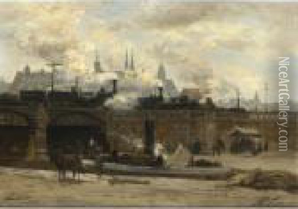 A View Of The Central Station, Amsterdam Oil Painting - Philippe Lodowyck Jacob Sadee