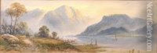 An Extensive Mountainous Lake Landscape Oil Painting - Edwin Earp