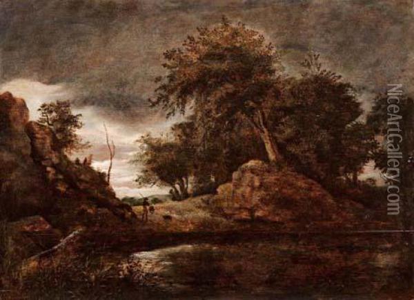 Paesaggio Con Corso D'acqua E Pescatore Oil Painting - Jacob Van Ruisdael