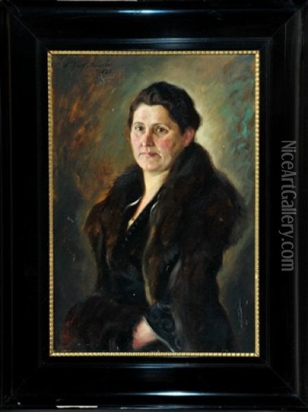 Halbportrait Von Frau Fischer Aus Lindenberg In Schwarzem Kleid Mit Pelzumhang Und Muff Oil Painting - Otto Keck