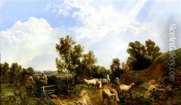 Rural Landscape With Sheep And Shepherd On A Path With A Stile And Cottages Oil Painting - George Vicat Cole