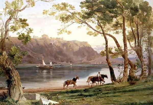 River landscape with barge horses, 1860 Oil Painting - Frederick Lee Bridell