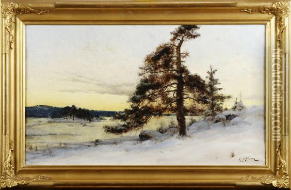 Vinterlandskap I Solnedgang Oil Painting - Arvid Mauritz Lindstrom