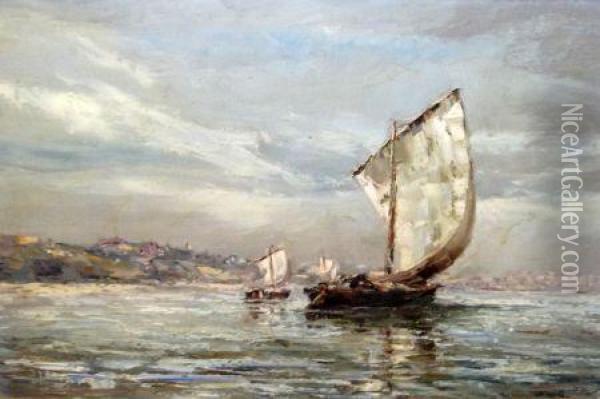 Fishing Boats Off A Coast Oil Painting - William Henry Hyde