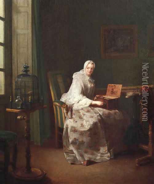 Lady with a Bird Organ 1753 Oil Painting - Jean-Baptiste-Simeon Chardin