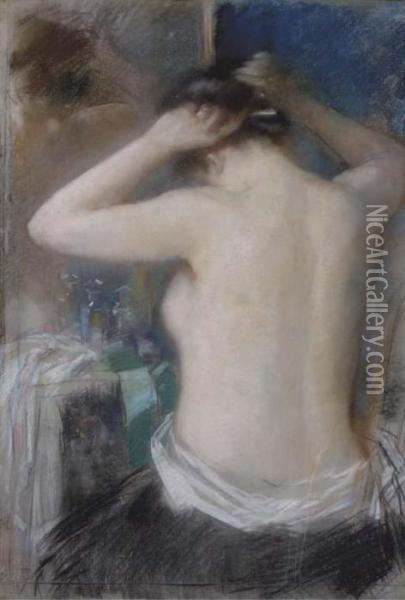 Het Avondtoilet: A Woman At Her Dressingtable Oil Painting - Salomon Garf
