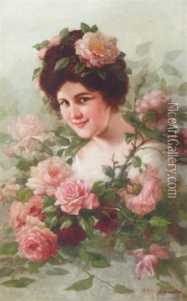 A Young Lady Surrounded By Roses Oil Painting - John (Giovanni) Califano