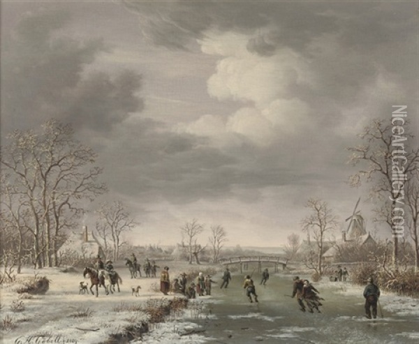 Skating On The Outskirts Of A Village In Winter Oil Painting - Gerrit Hendrik Gobell