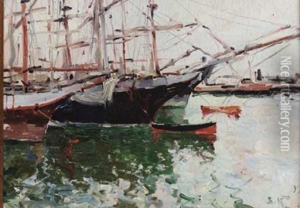Boats In A Harbour Oil Painting - Viacheslav Korenev-Novorossiiskii