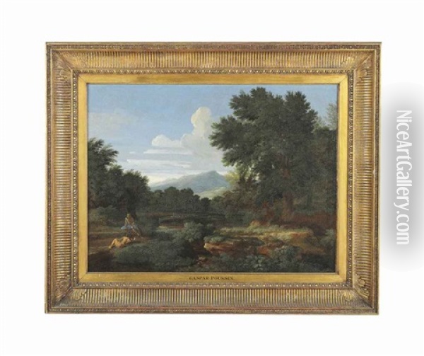 An Extensive River Landscape With Classical Figures At Rest Oil Painting - Gaspard Dughet