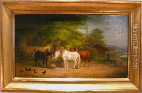 Pferde Vor Einem Gasthof Am Heutrog Oil Painting - Josef Hermannstoerfer