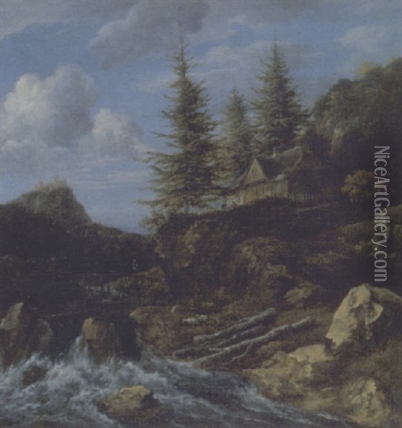 Wildwasser Mit Haus, In Der Ferne Eine Burg Auf Dem Hugel Oil Painting - Jacob Van Ruisdael