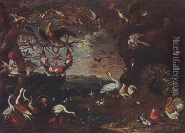 An Allegory Of The Knights Of Malta With An Eagle, Herons, Turkeys, A Cockatoo, And Other Birds In A Landscape Oil Painting - Jan van Kessel the Younger