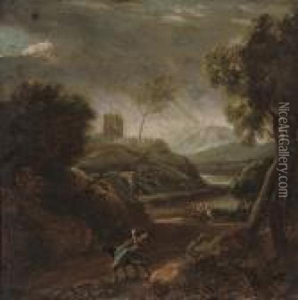 An Extensive Wooded River Landscape With Balaam And The Ass Oil Painting - Gaspard Dughet Poussin