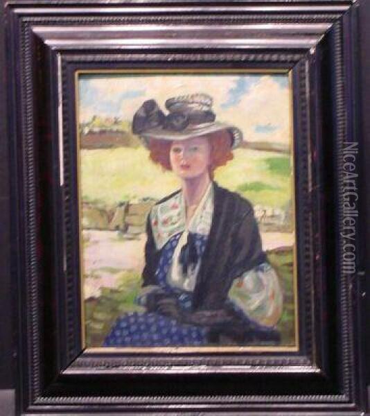 Seated Woman In A Landscape Oil Painting - Hubner