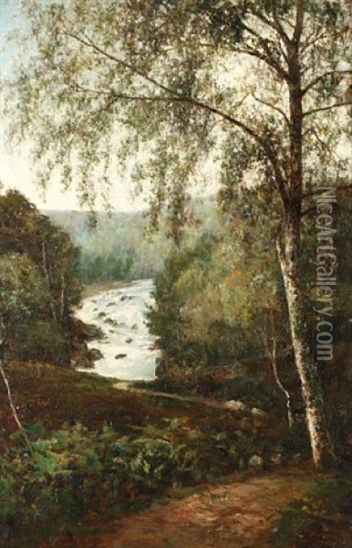 Wooded Riverside Path (+ Another Similar; Pair) Oil Painting - George A. Boyle