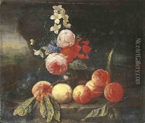 Peaches and grapes with roses and other flowers in a glass vase on a stone ledge in a landscape Oil Painting - Cornelis De Heem