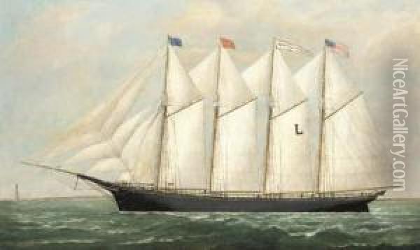 The Four-masted Schooner Sarah W. Lawrence In New Englandwaters Oil Painting - Samuel Finley Morse Badger
