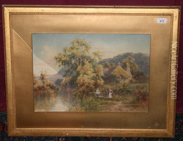 Figures Beside A Church And River Oil Painting - William R. Hoyles