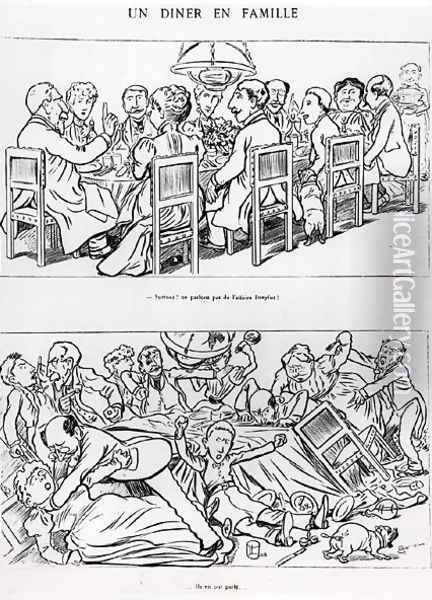 Caricature of a family dinner before and after having talked about the Dreyfus Affair, c.1894 Oil Painting - (Emmanuel Poire) Caran d'Ache