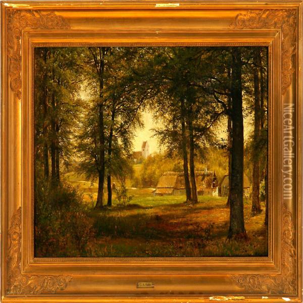 A View Through The Foresttowards Vedbygaard, Denmark Oil Painting - Claus Anton Kolle