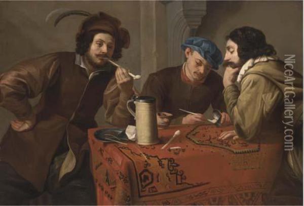 Three Men Smoking And Drinking At A Table In An Interior Oil Painting - Salomon Rombouts