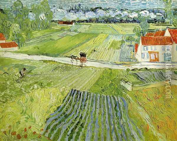 Landscape With Carriage And Train In The Background Oil Painting - Vincent Van Gogh
