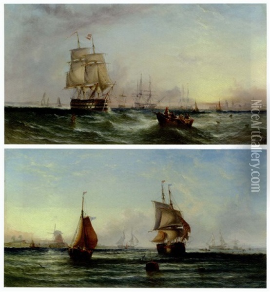 Fishing Boats Off A Dutch Coast (+ The Fleet At Anchor Off A Harbor; 2 Works) Oil Painting - William Callcott Knell