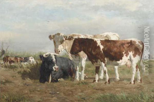 Cows Along A Ditch Oil Painting - Johannes-Hubertus-Leonardus de Haas