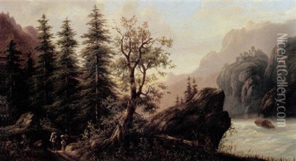 Hikers In An Alpine Landscape Oil Painting - Eduard Boehm