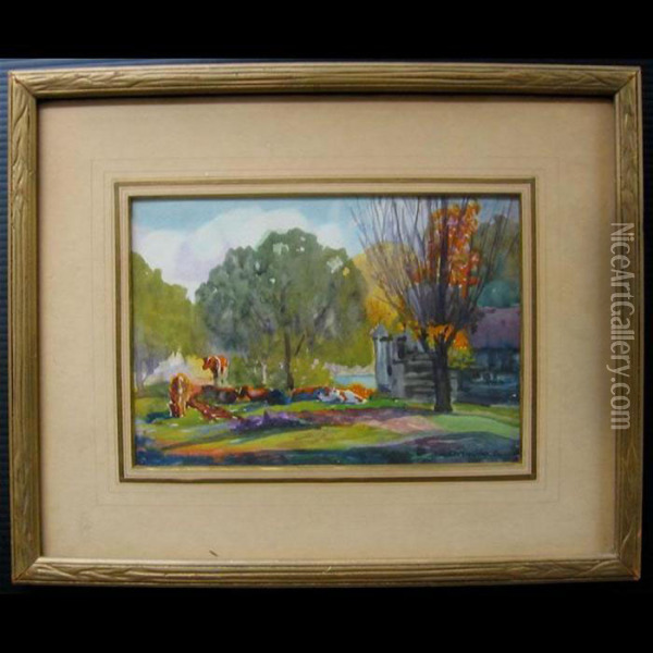 Farmyard With Grazing Cattle Oil Painting - Owen B. Staples