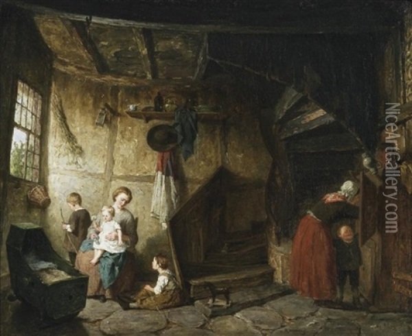 Im Bauerlichen Heim. Junge Mutter Mit Ihren Kindern Am Fenster Oil Painting - August Jernberg