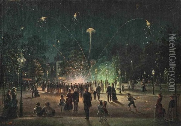 Fireworks, 4th July Oil Painting - Antonion Zeno Shindler