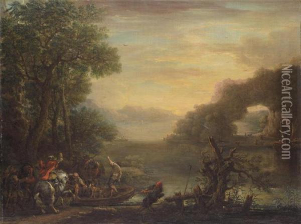 An Extensive River Landscape, 
With Cavaliers Embarking On A Ferry, Sailing Boats Anchored At The Shore
 Beyond Oil Painting - John Wootton