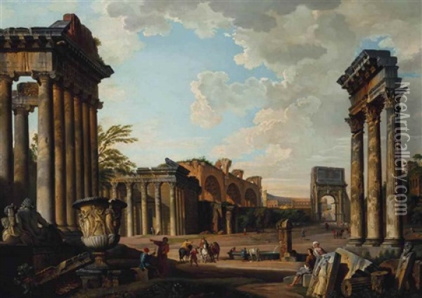 A View Of The Camp Vaccino With The Temple Of Jupiter Stator, The Arch Of Titus, The Colosseum, The Basilica Of Maxentius, The Temple Of Antoninus And Faustina And The Temple Of Concord With The Borghese Vase And Horsemen And Peasants By A Fountain Oil Painting - Giovanni Paolo Panini