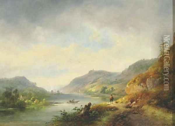 A river winding through hills, a town in the distance Oil Painting - Hendrik Pieter Koekkoek