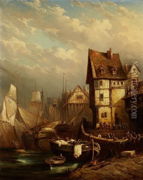 Scenes De Ports En Normandie (pair) Oil Painting - Louis-Gabriel-Eugene Isabey
