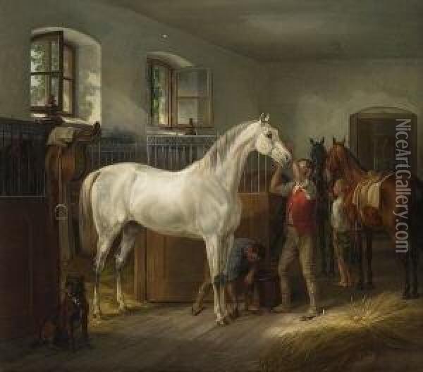 Im Pferdestall. Oil Painting - Adam Albrecht