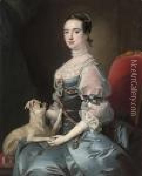 Portrait Of A Lady, 
Three-quarter-length, Seated In A Blue Satinjewelled Dress With Lace 
Sleeves And Collar, With A Pug Dog Oil Painting - Josepf Wright Of Derby