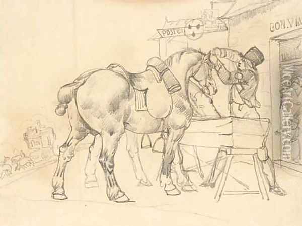 A postal conductor attending to two saddled horses in front of a postal relay station Oil Painting - Theodore Gericault